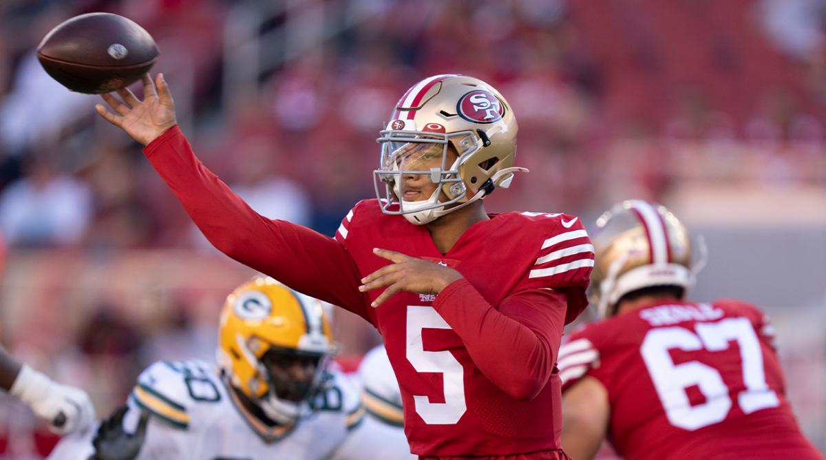 August 12, 2022; Santa Clara, California, USA; San Francisco 49ers quarterback Trey Lance (5) passes the football against the Green Bay Packers during the first quarter at Levi’s Stadium.